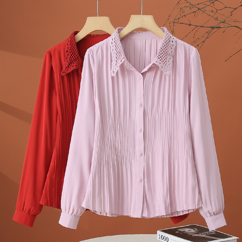设计感褶皱长袖衬衫女春装2026新款翻领衬衣洋气时尚减龄女士上衣