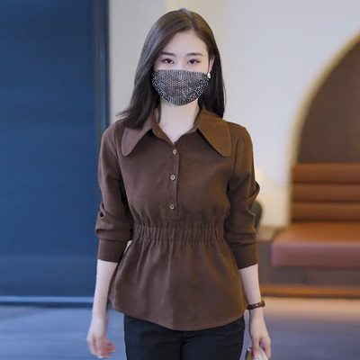 缪真套头长袖收腰衬衫女