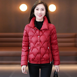 冬天红色菱格棉服女2025年新款冬季短款棉袄保暖立领女士棉衣外套