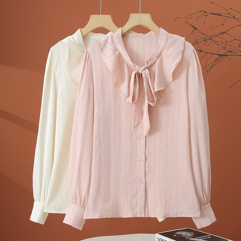 荷叶边长袖雪纺衬衫女春装2026新款洋气时尚小衫宽松漂亮女士上衣