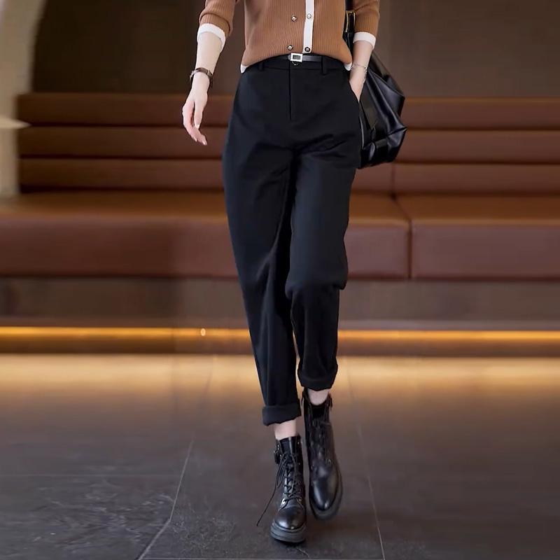 毛呢西装哈伦裤女秋季2025新款秋装高腰休闲显瘦女士黑色镰刀裤子