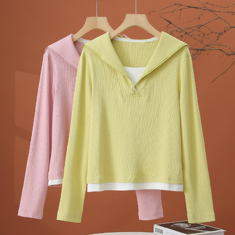 假两件海军领长袖t恤女春季2026年新款洋气时尚小衫女士短款上衣