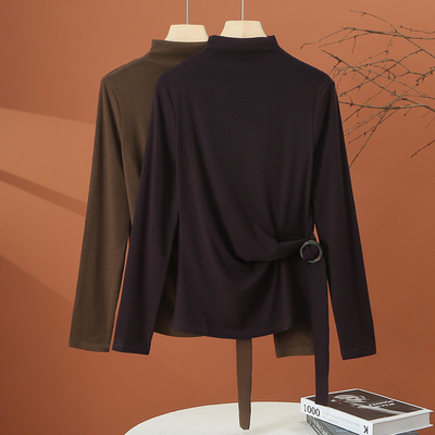 不规则半高领长袖t恤女秋季