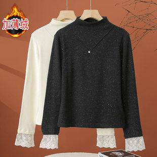 加绒半高领长袖打底衫女秋冬2025年新款修身蕾丝拼接短款内搭上衣