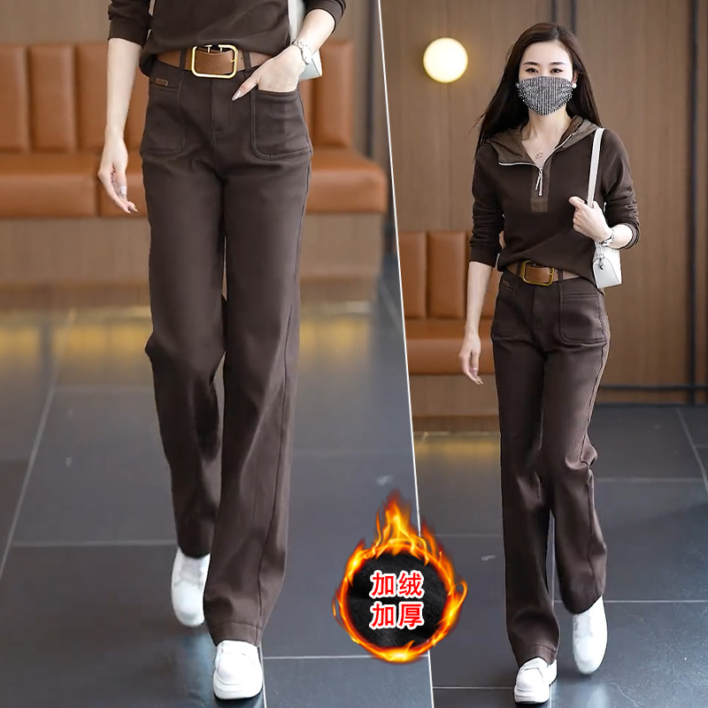 阔腿牛仔裤女冬季加绒2025新款咖色裤子秋冬款高腰加厚休闲直筒裤