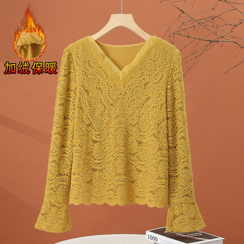 加绒加厚V领蕾丝打底衫女秋冬季