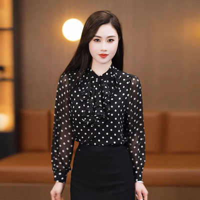 春季长袖碎花雪纺衬衫女