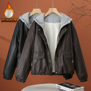 假两件连帽加绒加厚皮衣外套女2025冬季新款宽松百搭休闲夹克上衣