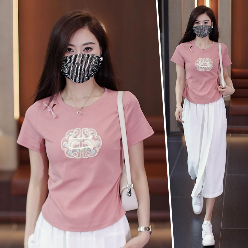 缪真短袖新中式薄款刺绣t恤女