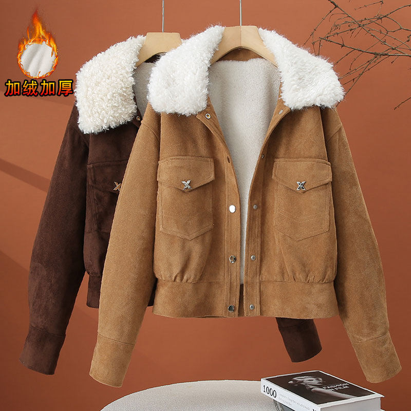 加绒加厚大毛领外套女冬季2025新款翻领外衣休闲保暖女士短款上衣