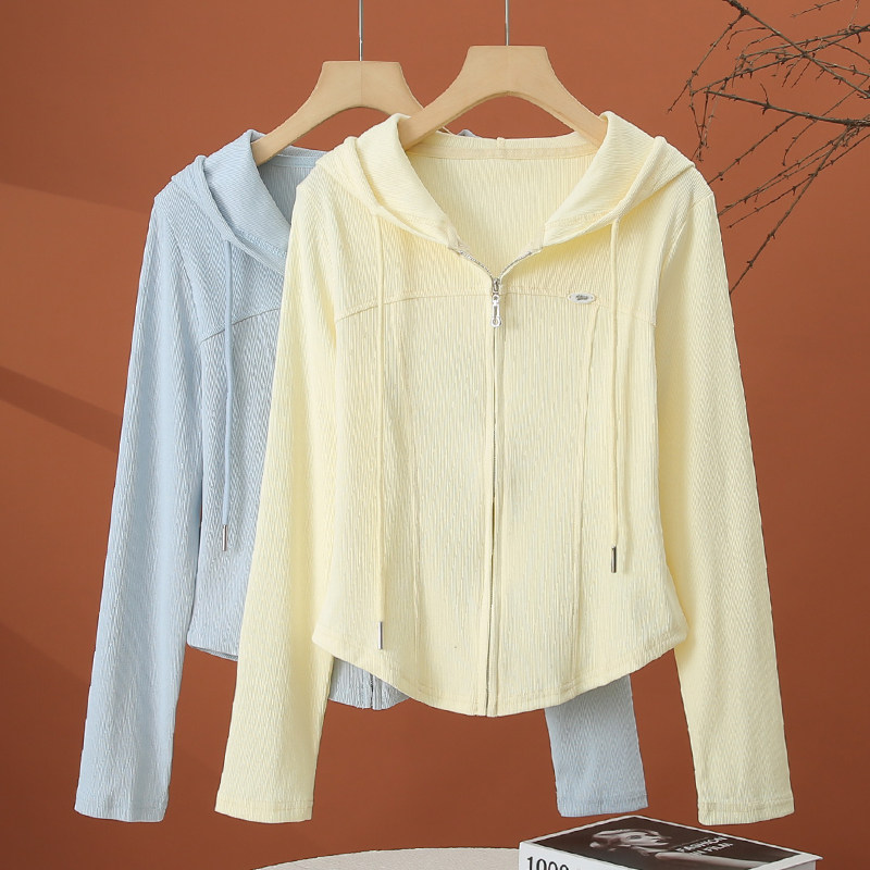 小个子连帽长袖t恤女春季2026新款洋气时尚小衫拉链开衫短款上衣