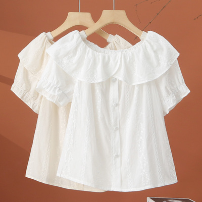 荷叶边一字肩短袖衬衫女
