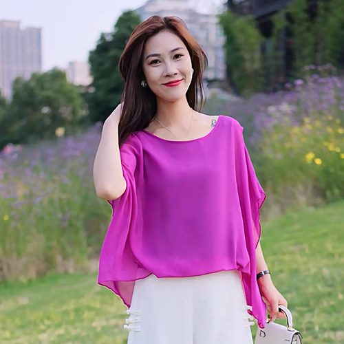 缪真宽松蝙蝠衫五分袖雪纺衫女