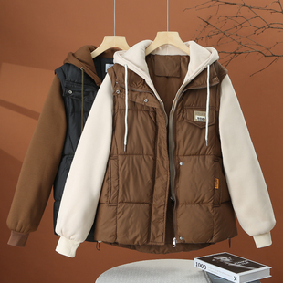 假两件棉服女2025冬季新款棉袄宽松休闲卫衣冬天拼接连帽棉衣外套