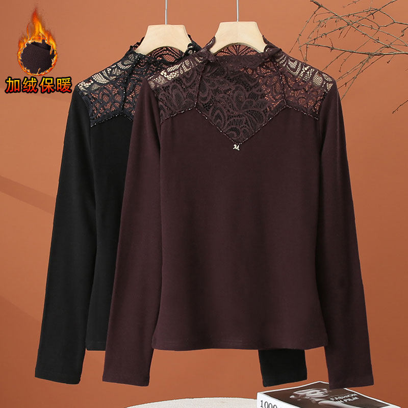 蕾丝拼接半高领打底衫女秋冬季2025新款洋气时尚小衫加绒内搭上衣