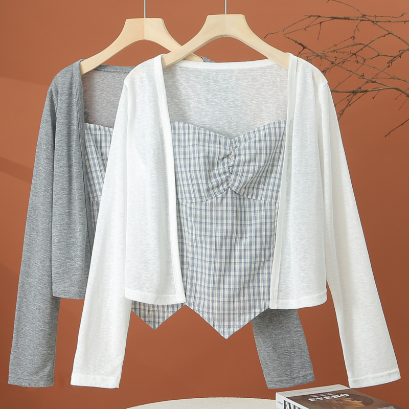 长袖开衫女早秋薄款2025新款女装时尚洋气短款格子吊带上衣两件套