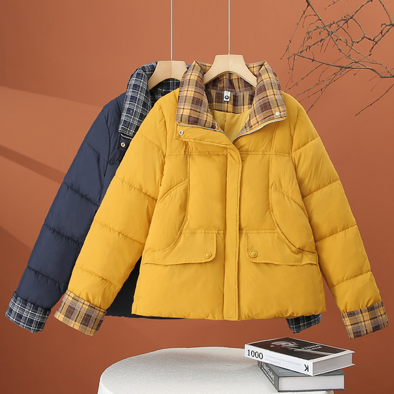 格子拼接立领棉衣外套女2025冬季新款棉袄袄子小个子加厚保暖棉服