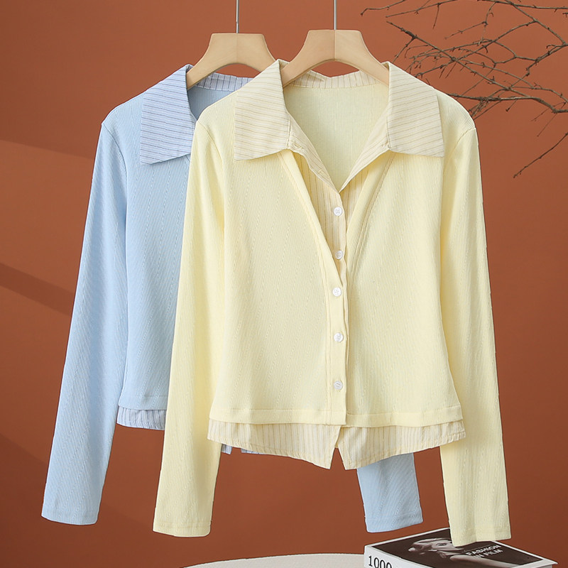 假两件长袖polo领t恤女春季2026新款洋气时尚小衫小个子短款上衣