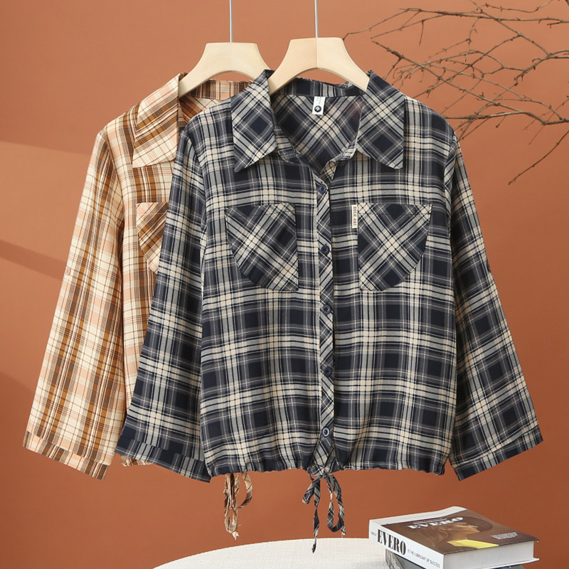 秋季长袖格子雪纺衬衫女2025新款polo领衬衣时尚洋气抽绳收腰上衣