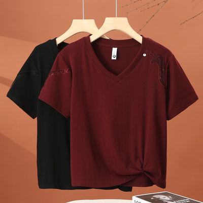 不规则短袖v领t恤女夏季