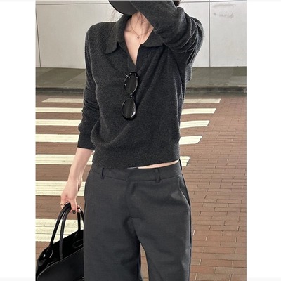 深灰色老钱风针织衫女早