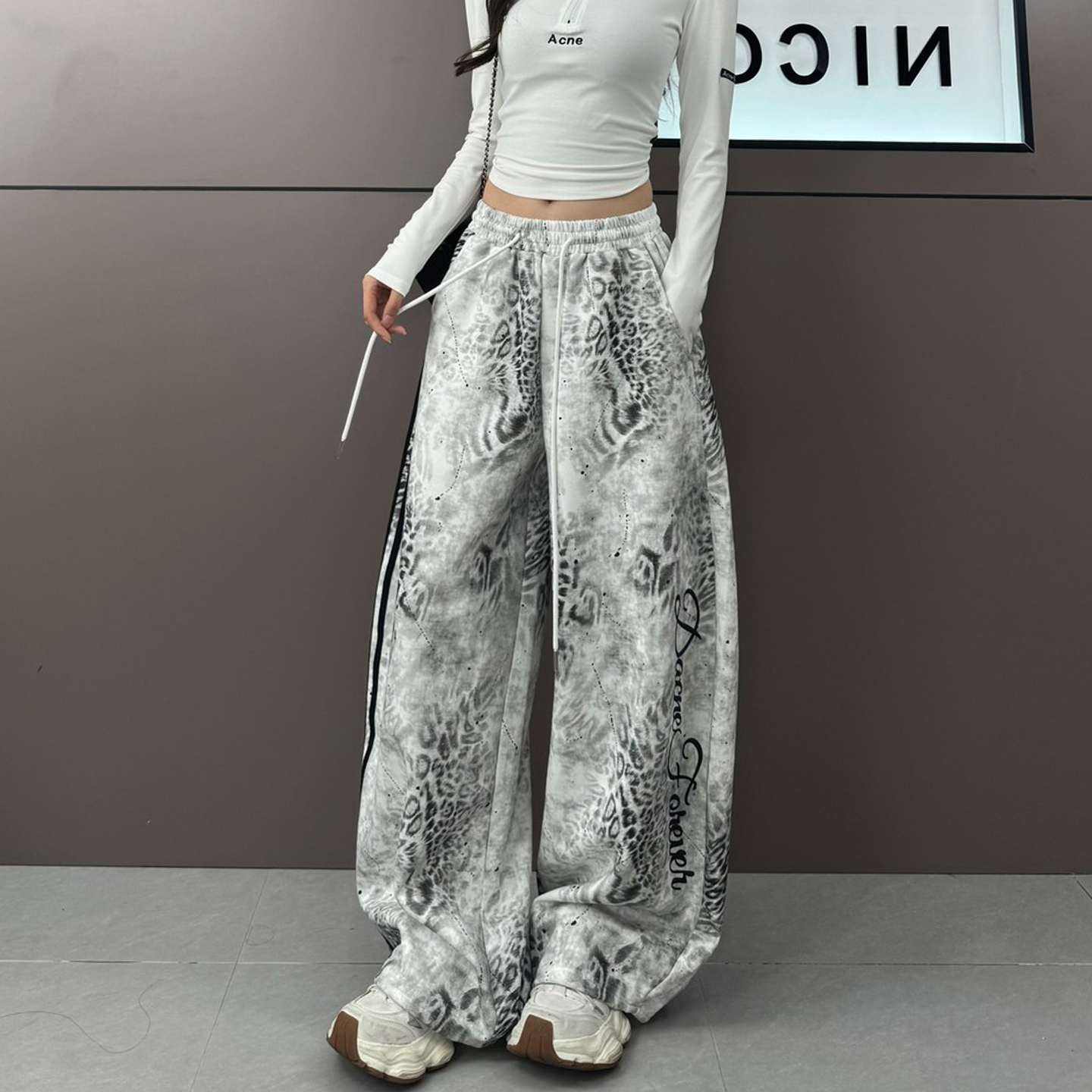 美式复古豹纹时尚扎染休闲裤女