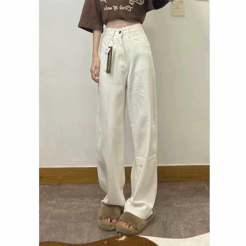 高个子白色高腰阔腿牛仔裤女宽松直筒垂感拖地裤子