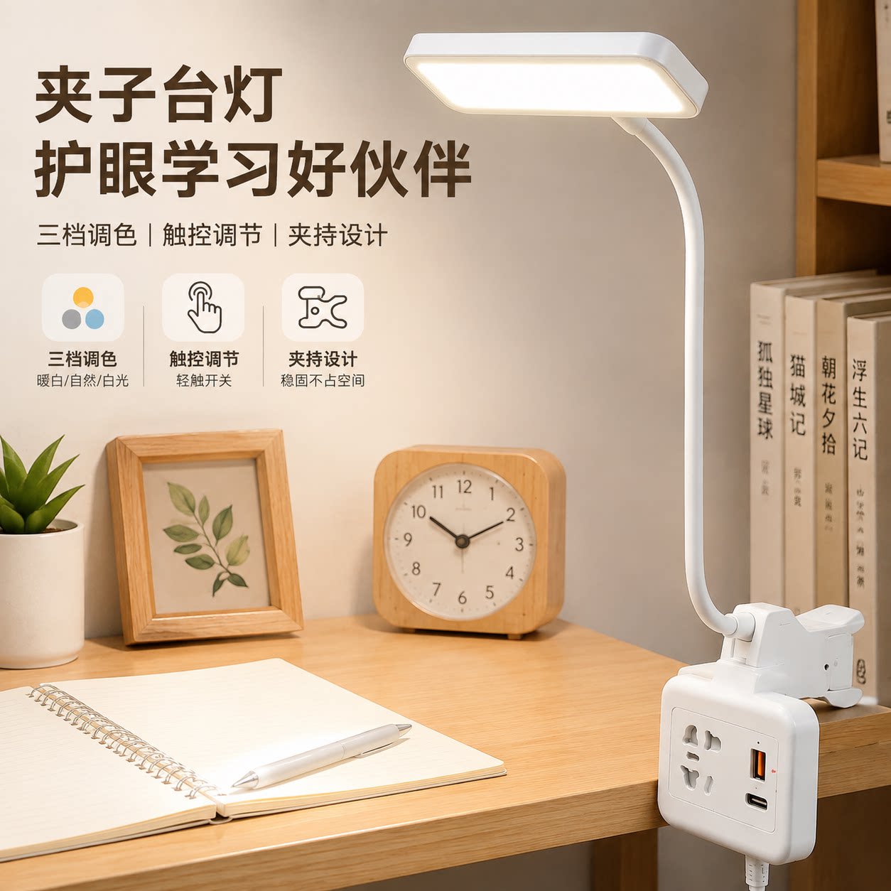 正品官方公矢夹子台灯学生学习宿舍床头充插两用触摸调节三档调色