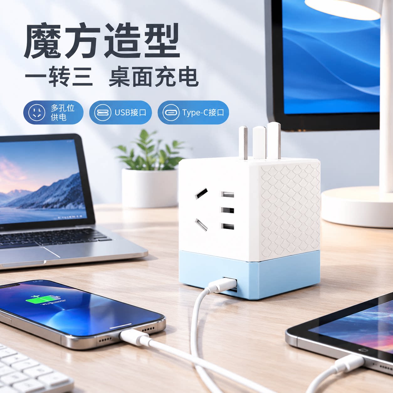 正品官方公矢魔方插座转换器一转三多孔位USB插排无线路由家用桌
