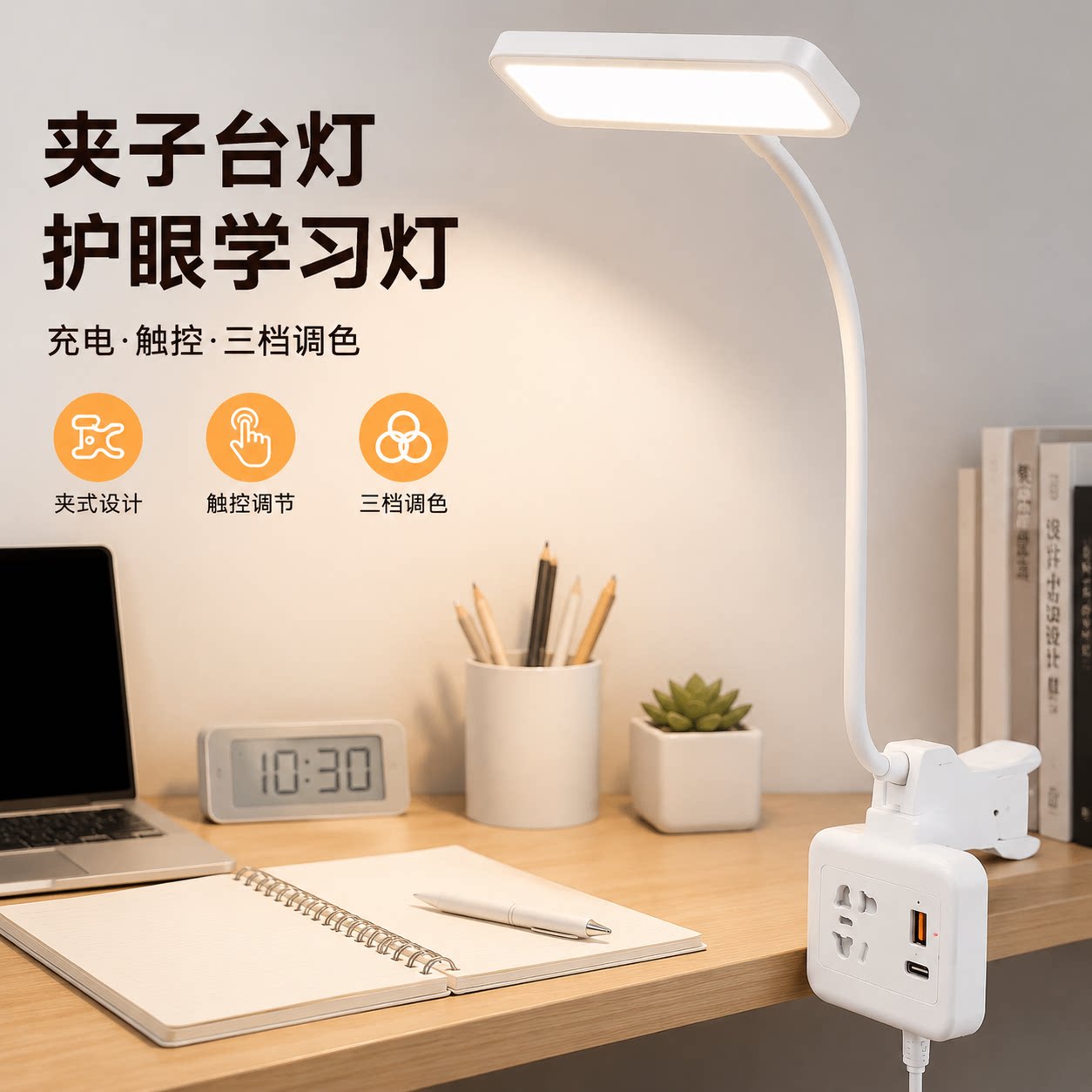 正品官方公矢夹子台灯学生宿舍床头学习灯充电触控三档调色桌面阅