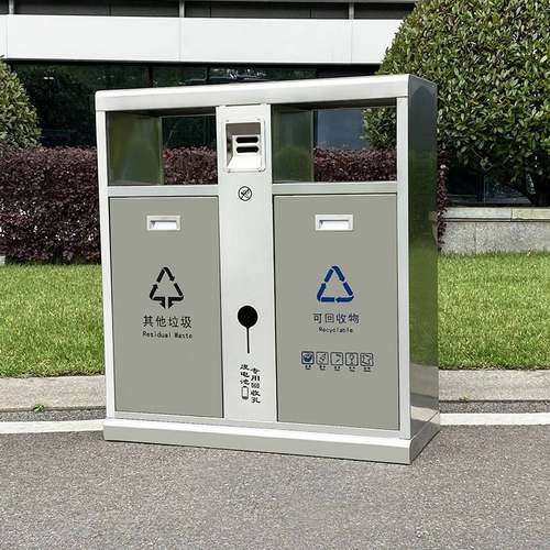 现货不锈钢垃圾桶户外公园人行街道大号双筒分类不锈钢果皮箱