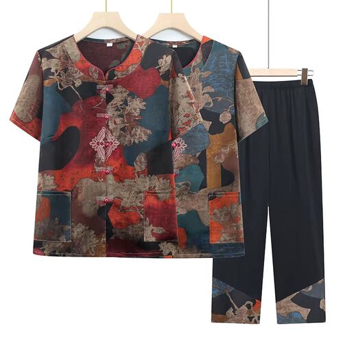 老年人短袖衬衫女奶奶夏装洋气两件套装60岁中年妈妈衬衣太太衣服