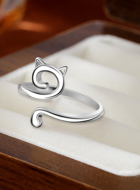 法国cherrykoko新款欧美勾线几何镂空猫咪戒指925银简约动物小猫