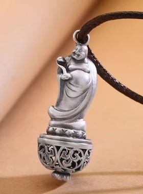 种花家无事牌s银吊坠六字真言弥勒笑佛男女款毛衣链挂坠银饰挂件