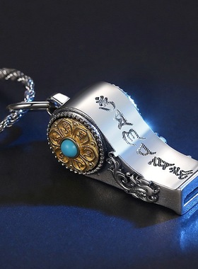 种花家无事牌复古男女项链挂坠口哨可吹s925银新款可转动六字