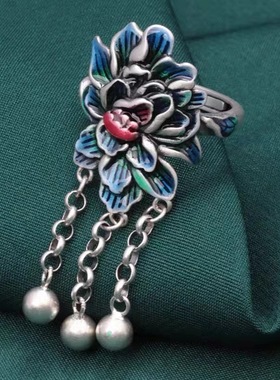 种花家无事牌s925银烧蓝花开富贵莲花戒指烤蓝复古工艺国风民族