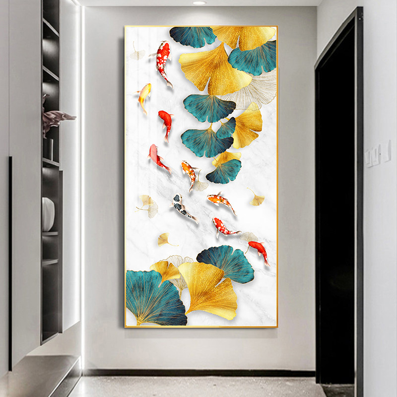 玄关画挂画正对门寓意好银杏叶轻奢高档走廊装饰画过道壁画九鱼图