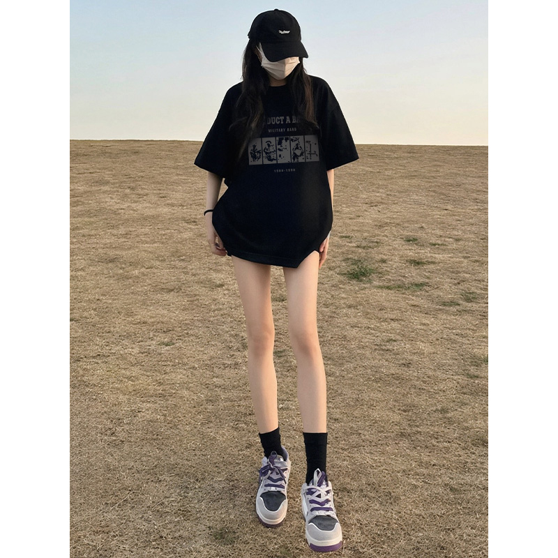 黑色字母女t恤2025夏季新款上衣美式hiphop纯棉宽松短袖女高级感