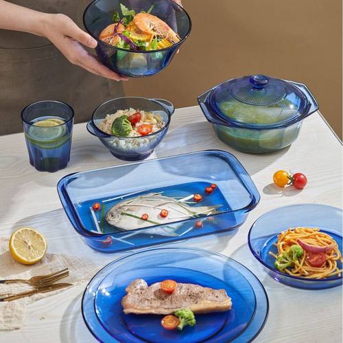 玻璃碗双耳带盖耐高温水果沙拉餐盘汤碗玻璃煲微波炉专用蓝色餐盘