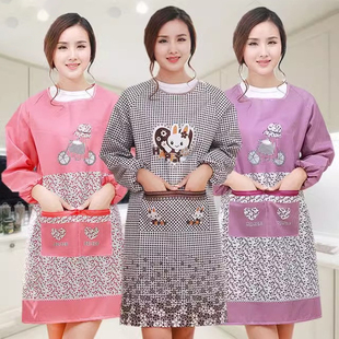 光滑不沾毛长袖 罩衣大人家务可爱工作服 围裙厨房家用女士防污有袖