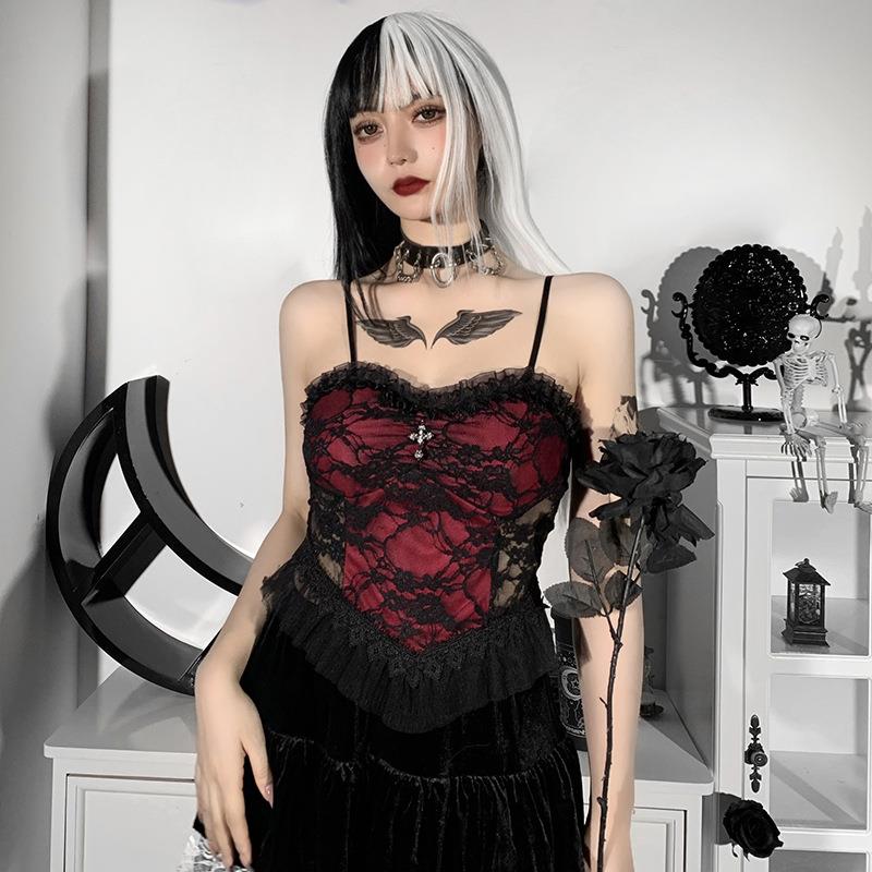 Dark style Halloween lace mesh camisole personalized cross