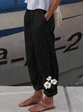 Cotton pants womens waist wide-leg high beltless linen