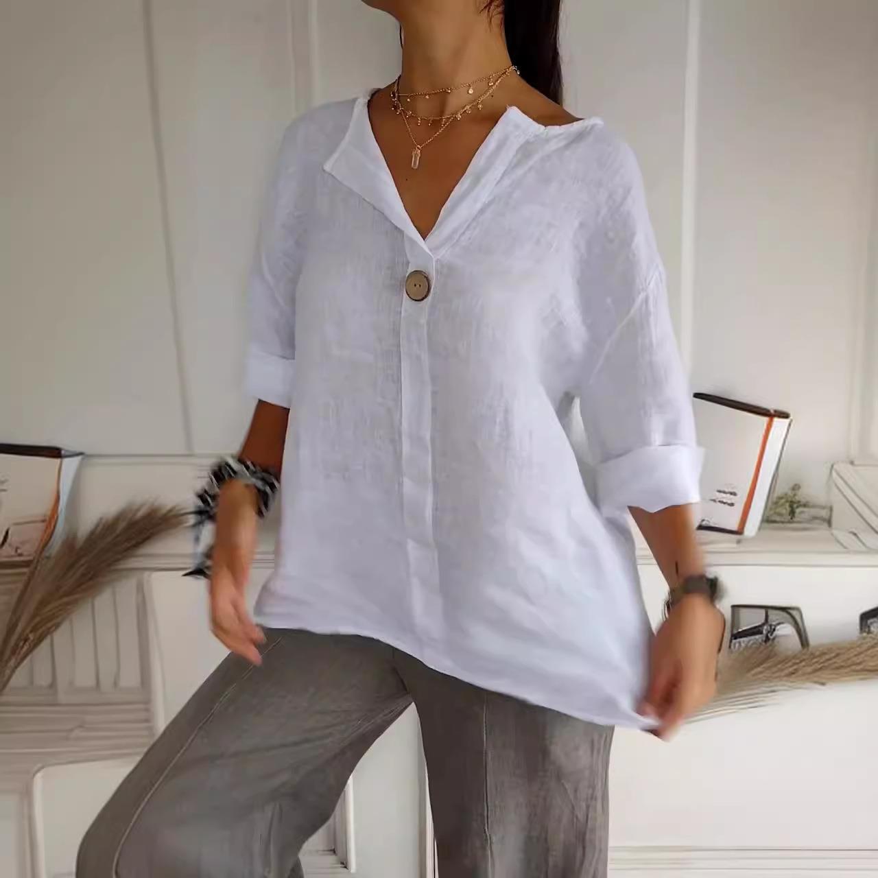White Top Button Linen and Cotton V-neck Womens T-shirt