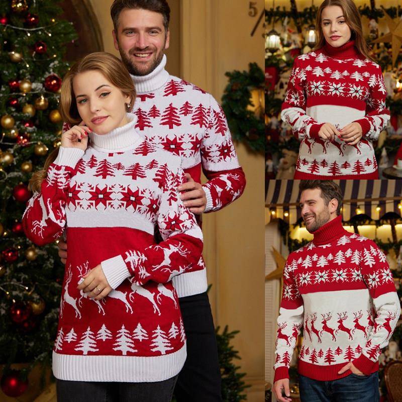 Top Sweater Couple Jacquard Theme Christmas Turtleneck