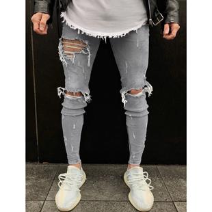 Fashionable light grey zipper ripped jeans for men