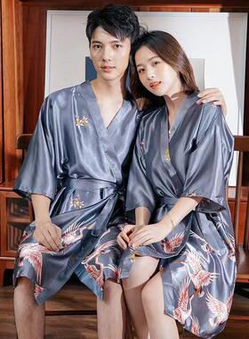 Pajamas women summer ice silk couple bathrobe thin