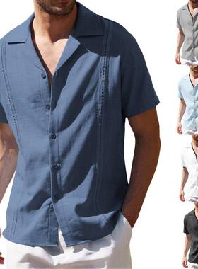 Mens Loose Casual Linen Shirt Guayabera Short Sleeve Beach
