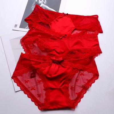 red temptation satin panties women hip-wrapped lace