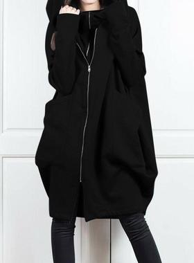 women sweatshirt hooded long coat zipper placket big