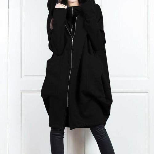 women sweatshirt hooded long coat zipper placket big